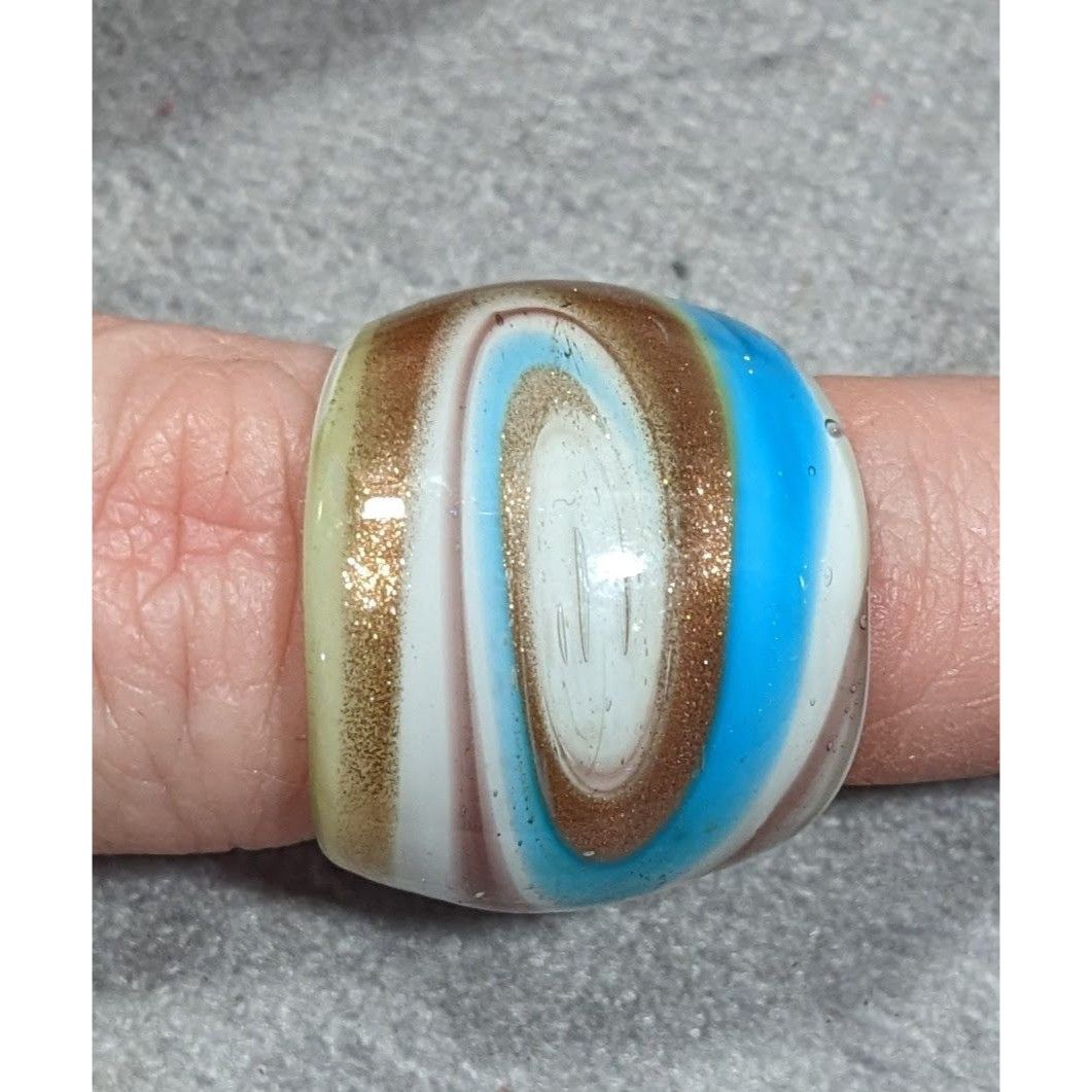 Other Lampwork Glass White Blue And Gold Tone Ring Size 7 Size ONE SIZE - 4 Thumbnail
