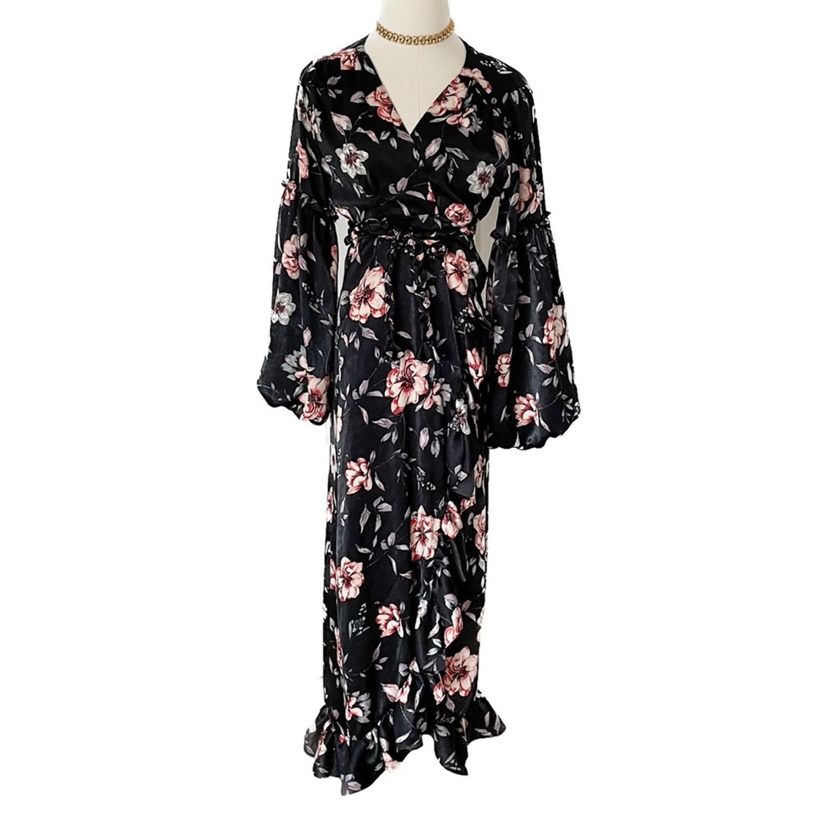 MISA Los Angeles MISA LA Luna Black Floral Satin Bubble Sleeve Wrap Dress Size S / US 4 / IT 40 - 3 Thumbnail