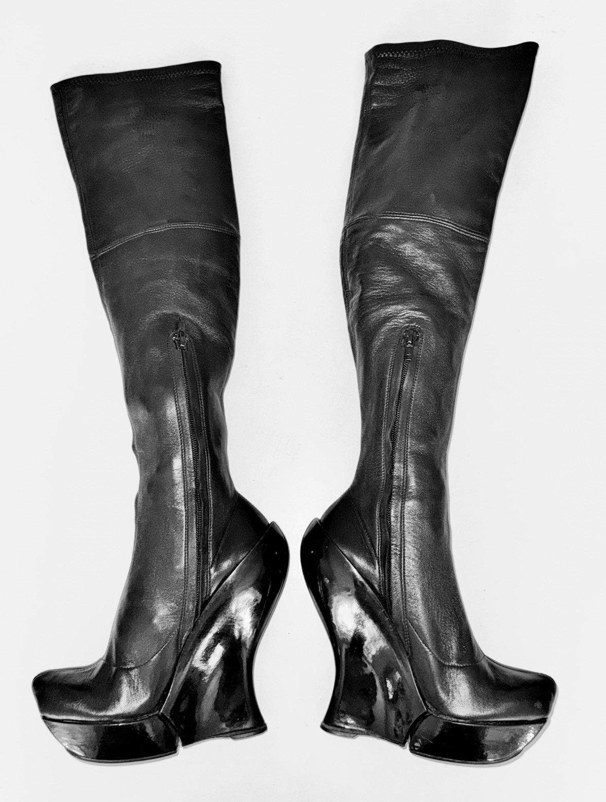 Celine Celine Black Leather Knee High Wedge Platform Boots Archive Size US 6 / IT 36 - 2 Thumbnail