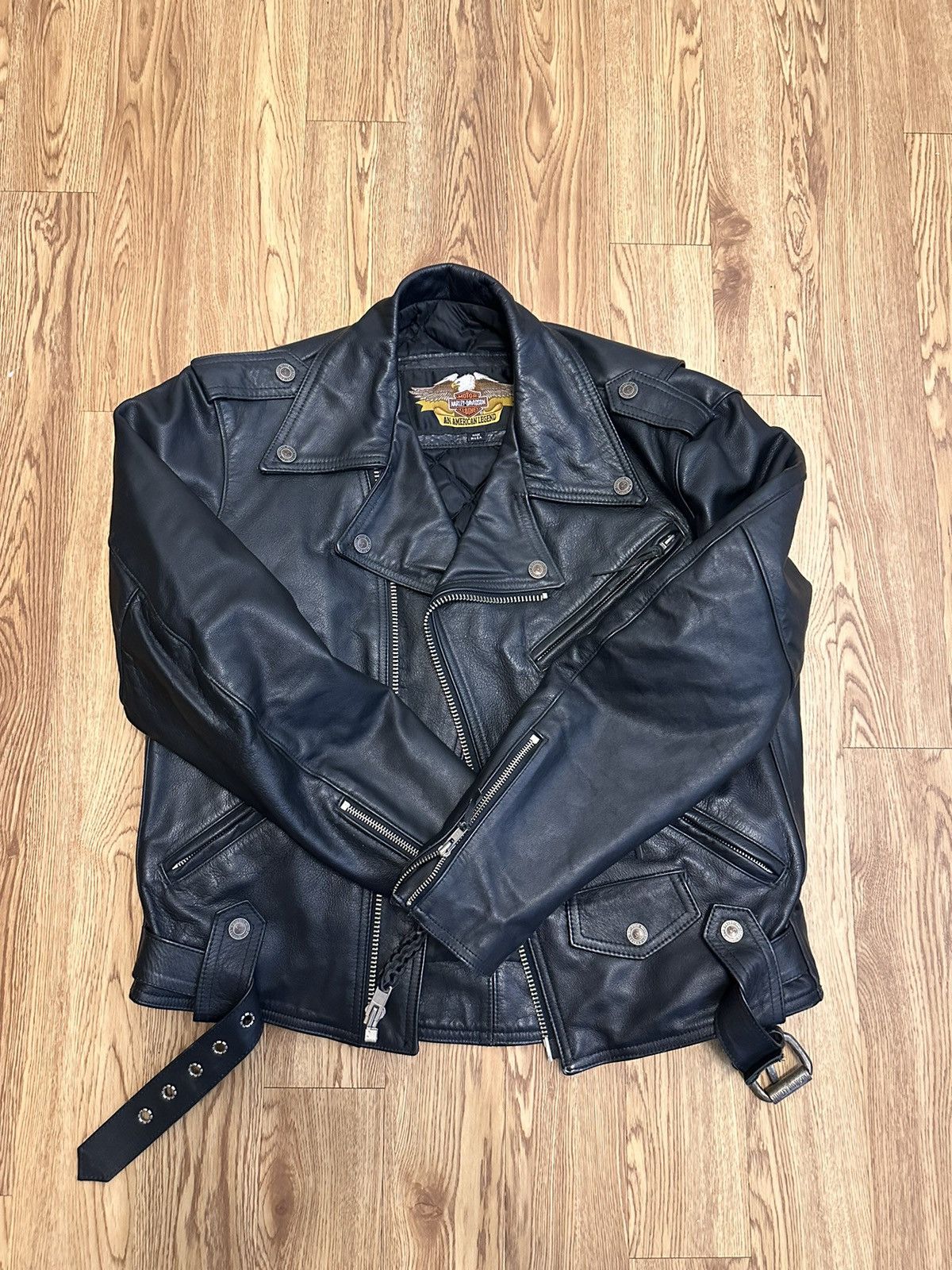 image of Harley Davidson Black Leather Jacket Belted, Men's (Size Medium)
