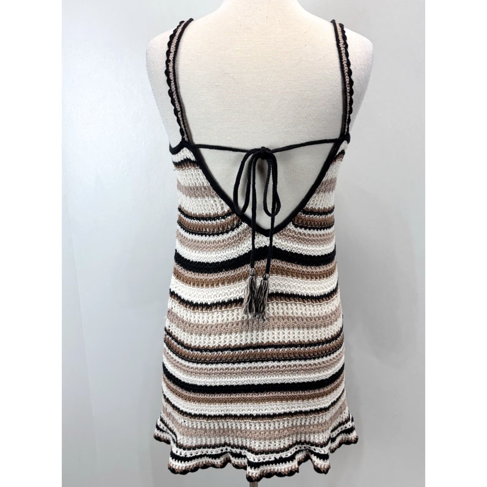 American Eagle Outfitters American Eagle Outfitters 70s Boho Crochet Dress Small Brown Striped Sleeveless Mini Casual Womens Size S / US 4 / IT 40 - 3 Thumbnail