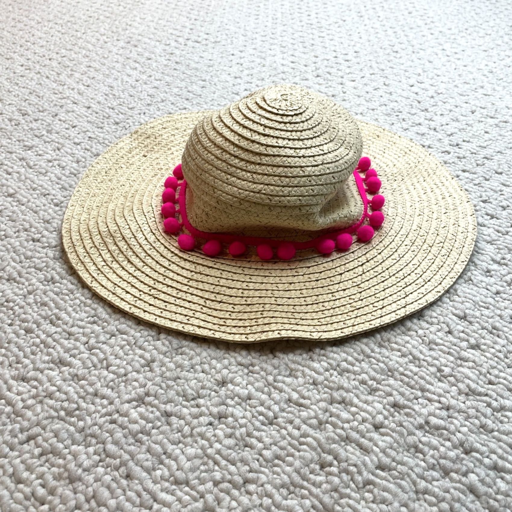 Pinko Unbranded Floppy Hat Brim with Pink Poofs Women Folding Summer Beach Sun Straw Hat Yellow, Sun Hat, Women, One Size Size ONE SIZE - 2 Thumbnail