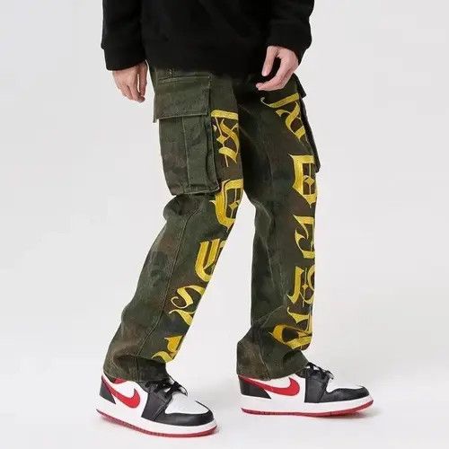 Letters Cargo Stacked Denim Jeans Camouflage