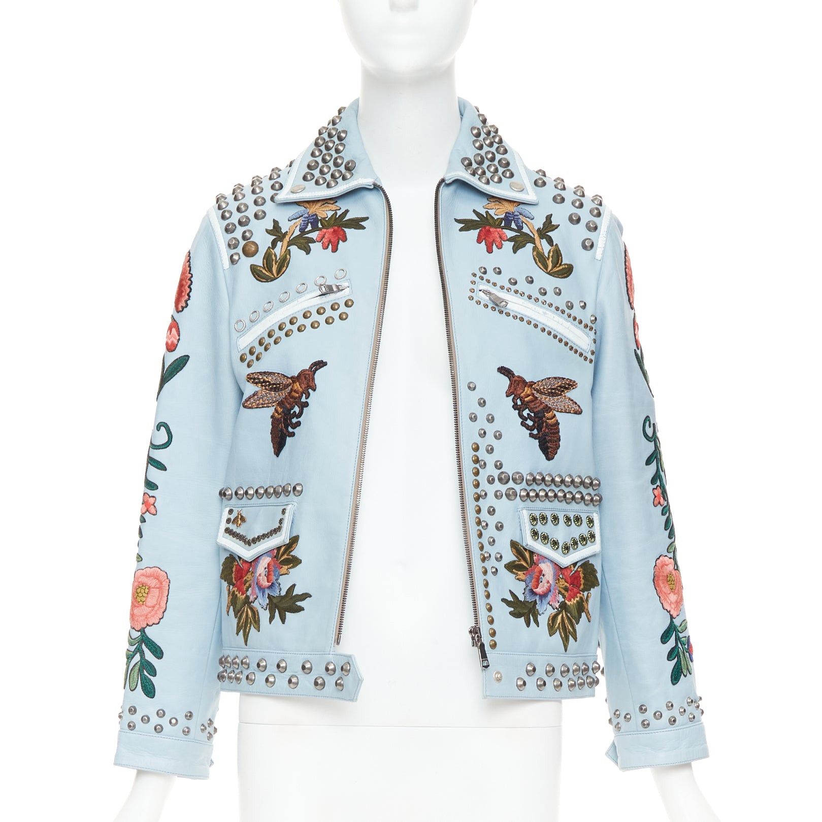 Gucci GUCCI Michele 2016 Runway light blue bee floral embroidery studded jacket IT38 XS Size XS / US 0-2 / IT 36-38 - 1 Thumbnail