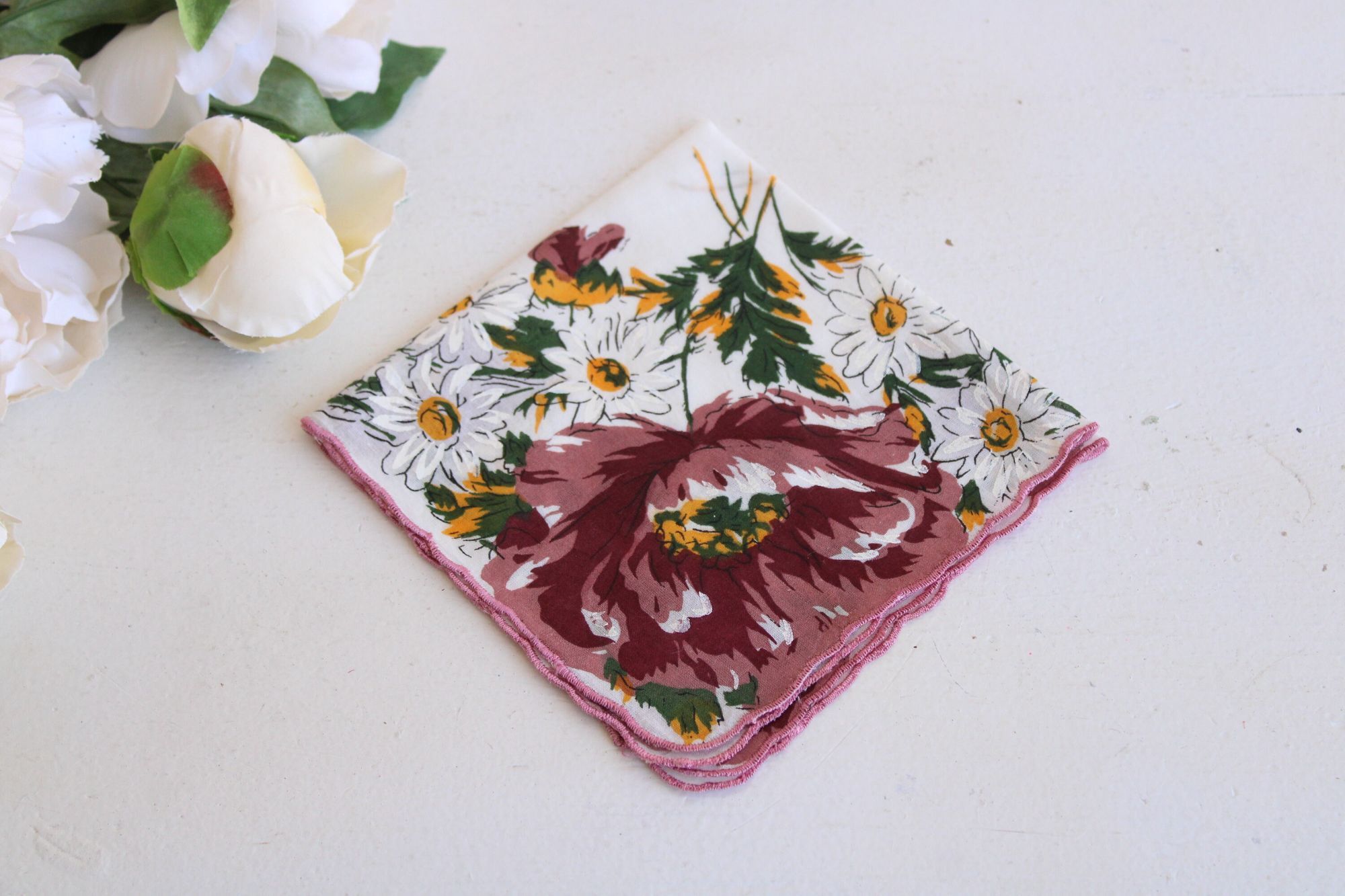 Vintage Vintage Handkerchief, Brown, Yellow and White Flower Print C Size ONE SIZE - 2 Thumbnail