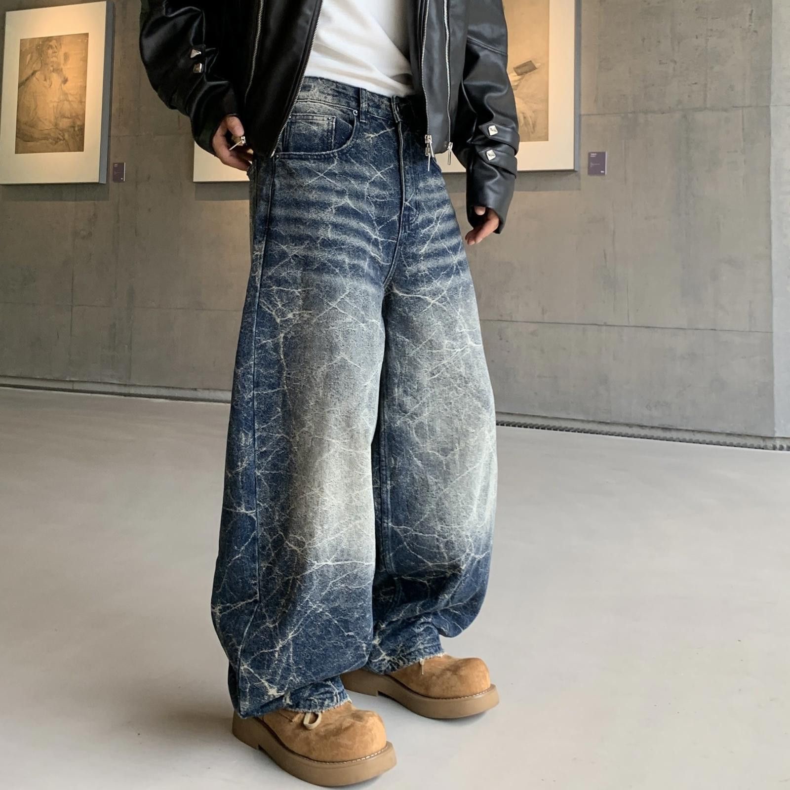Vintage Blue Acid Wash Wide Leg Jeans, Baggy Denim Pants Size US 32 / EU 48 - 2 Thumbnail
