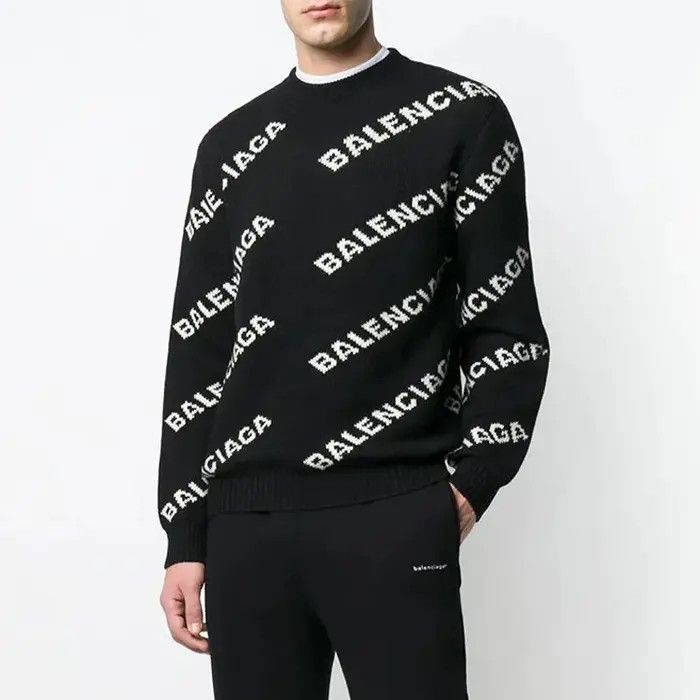 Balenciaga o1w1db10226 Allover Logo Sweater In Black/White Size US XS / EU 42 / 0 - 3 Thumbnail