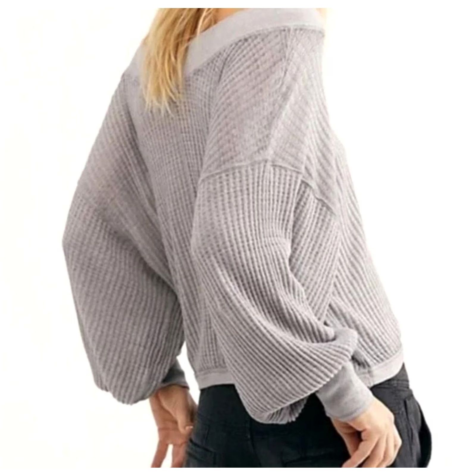 Vintage We The Free Waffle Knit Sweater Womens Medium Gray Off Shoulder Slouchy Top Size M / US 6-8 / IT 42-44 - 3 Thumbnail