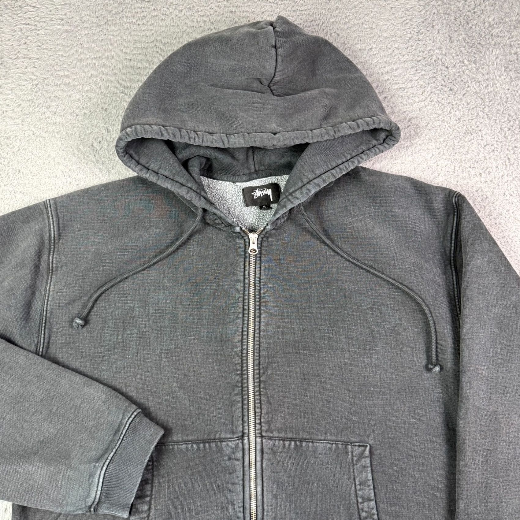 Vintage Stussy Faded Graphic Zip Hoodie Mens M Washed Black Boxy Drawstring Heavyweight Size US M / EU 48-50 / 2 - 2 Thumbnail
