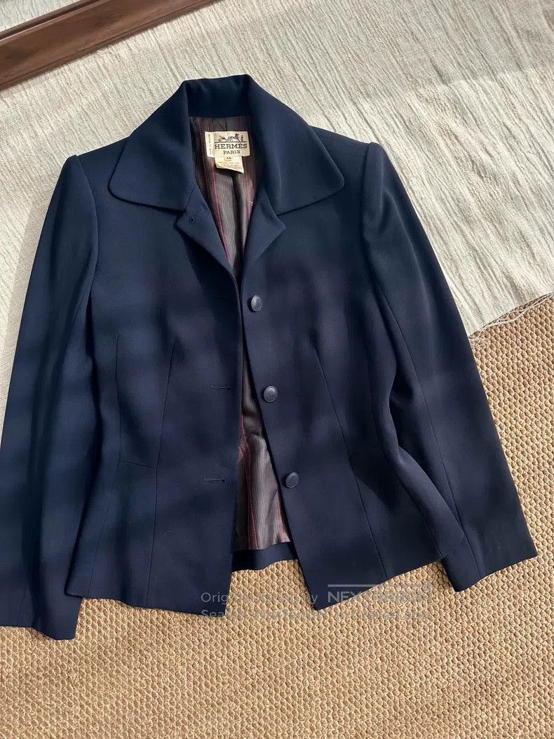 Hermes Pure Wool Business Casual Tailored Jacket Coat Nav