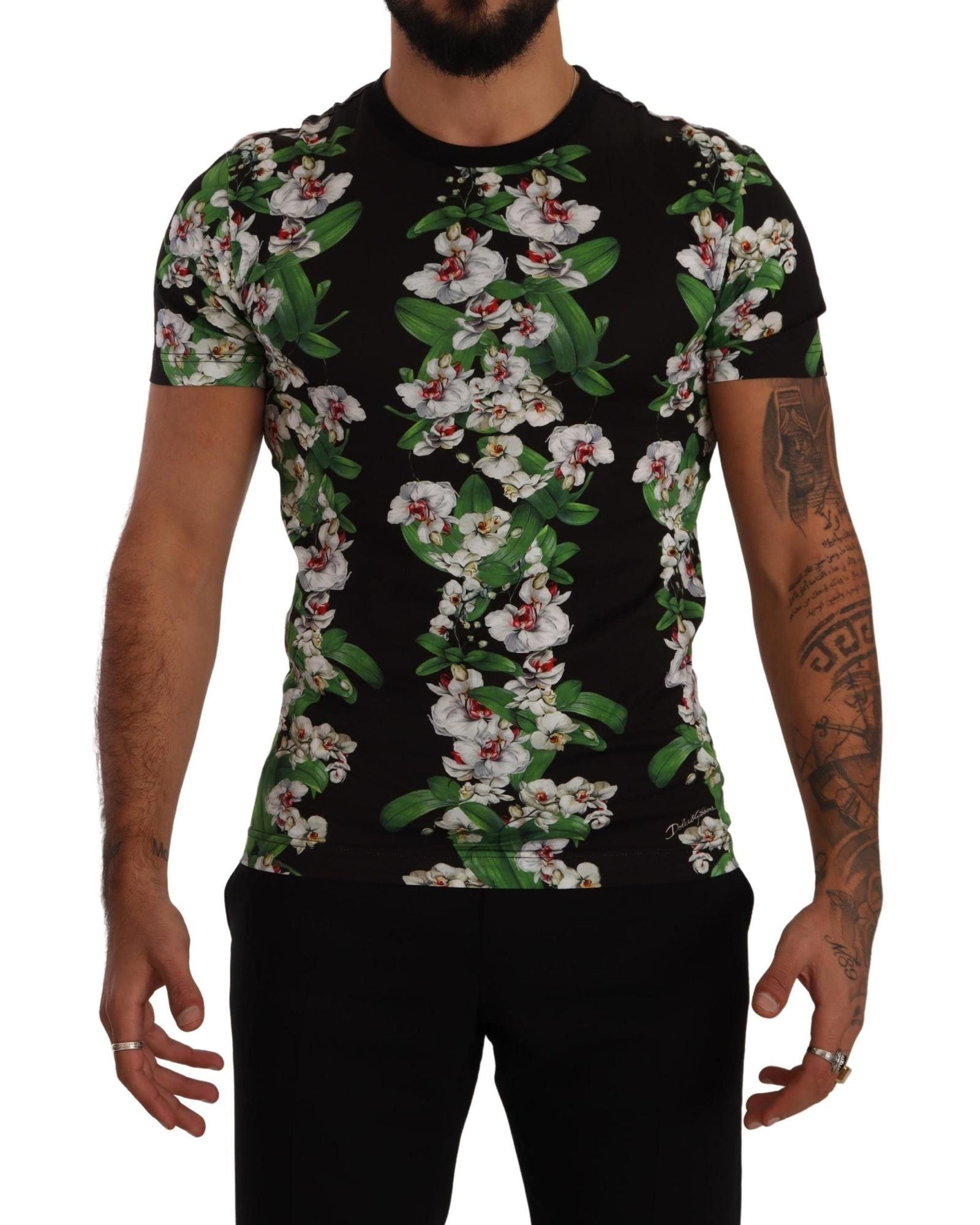 image of Dolce Gabbana Floral Print Crewneck T-Shirt in Black, Men's (Size 2XL)