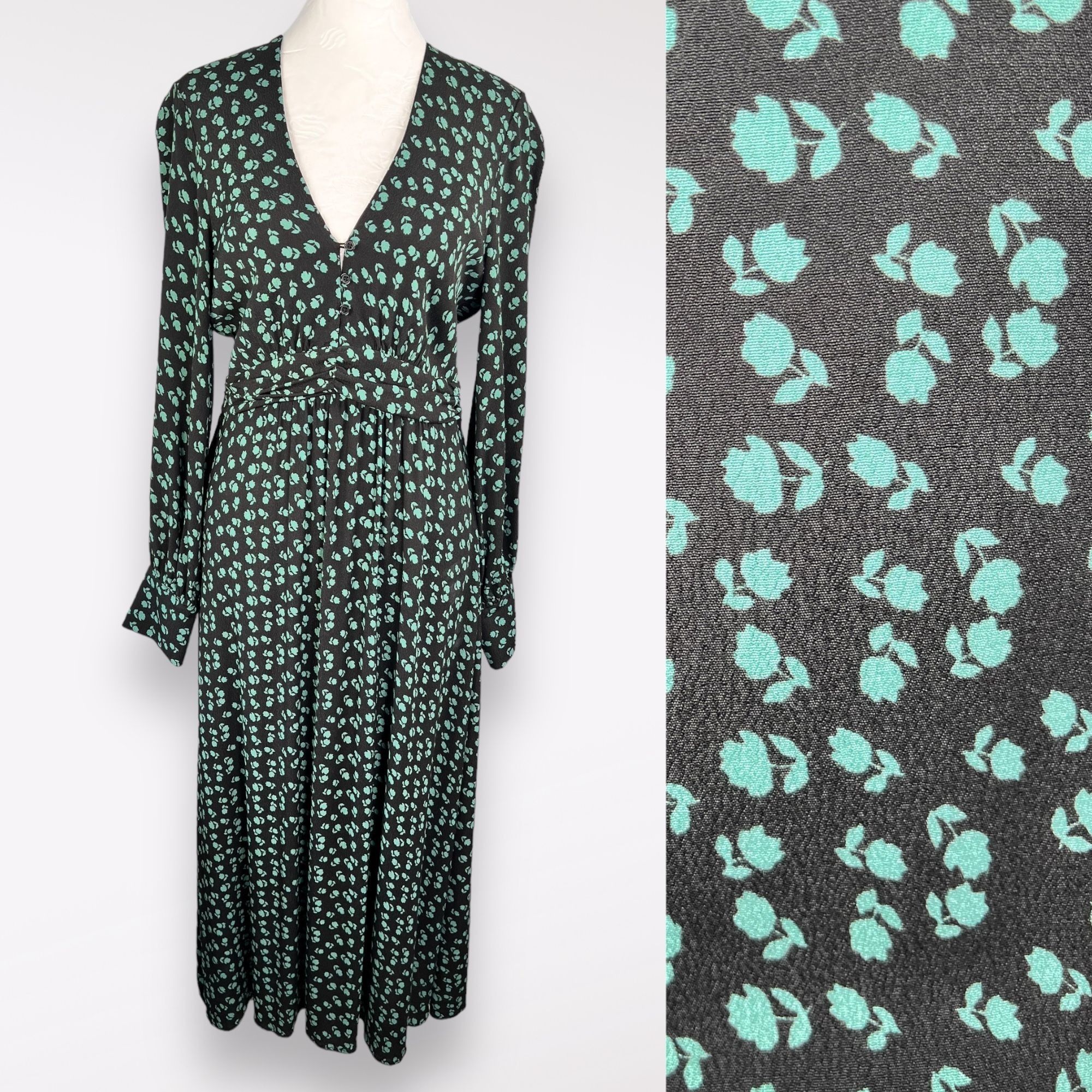 Mango MNG Mango Puff Sleeve Midi Dress V-Neck Floral Black Size Sm Size S / US 4 / IT 40 - 2 Thumbnail