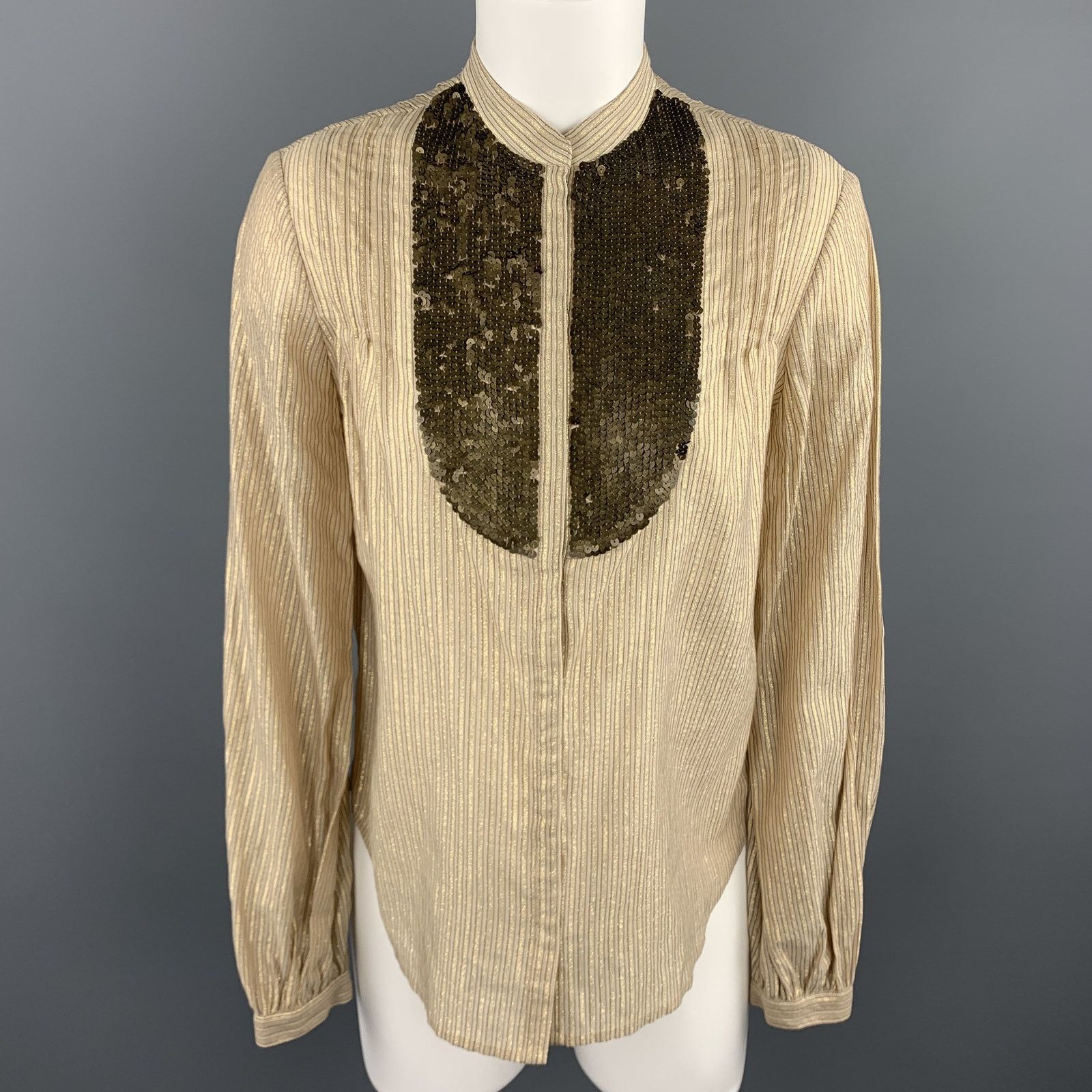 3.1 PHILLIP LIM 4 Gold Metallic Striped Sequin Bib Blouse