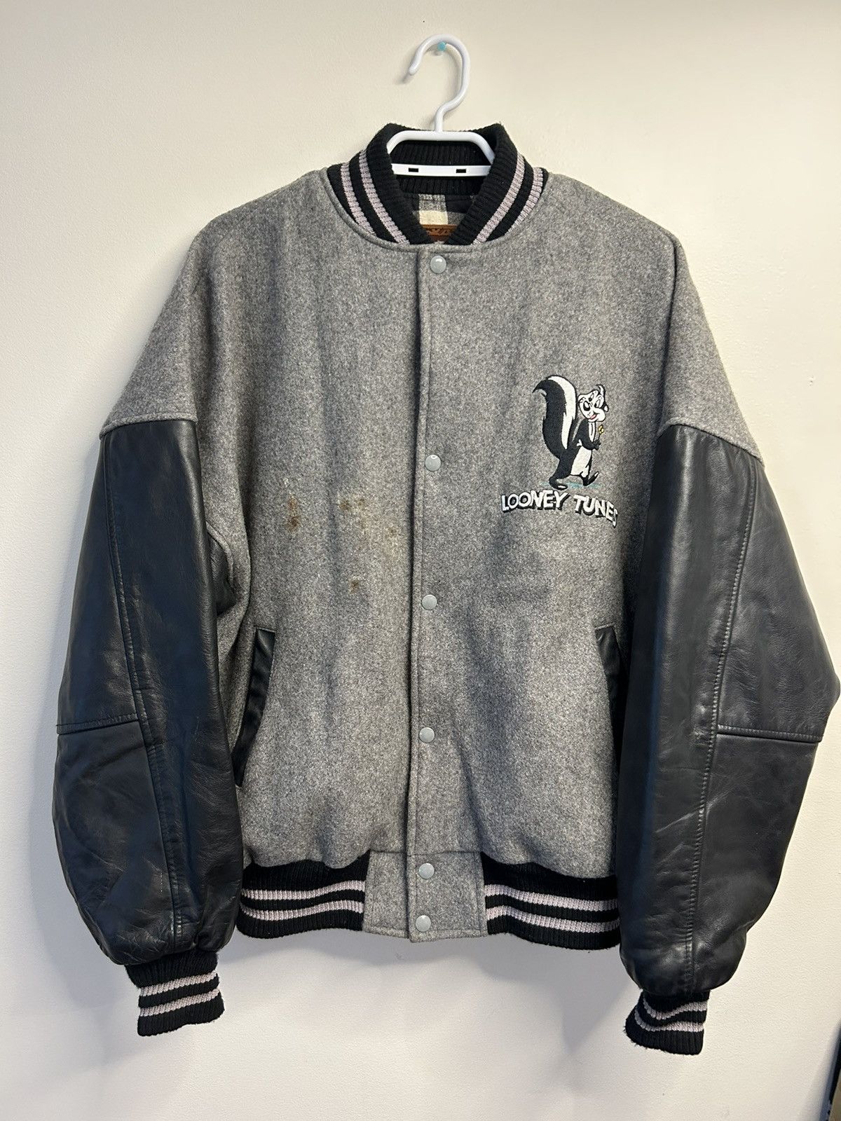 image of Varsity Jacket x Vintage Crazy Vintage 90's Pepe Le Pew Wool Leather Varsity Looney in Black/Grey (