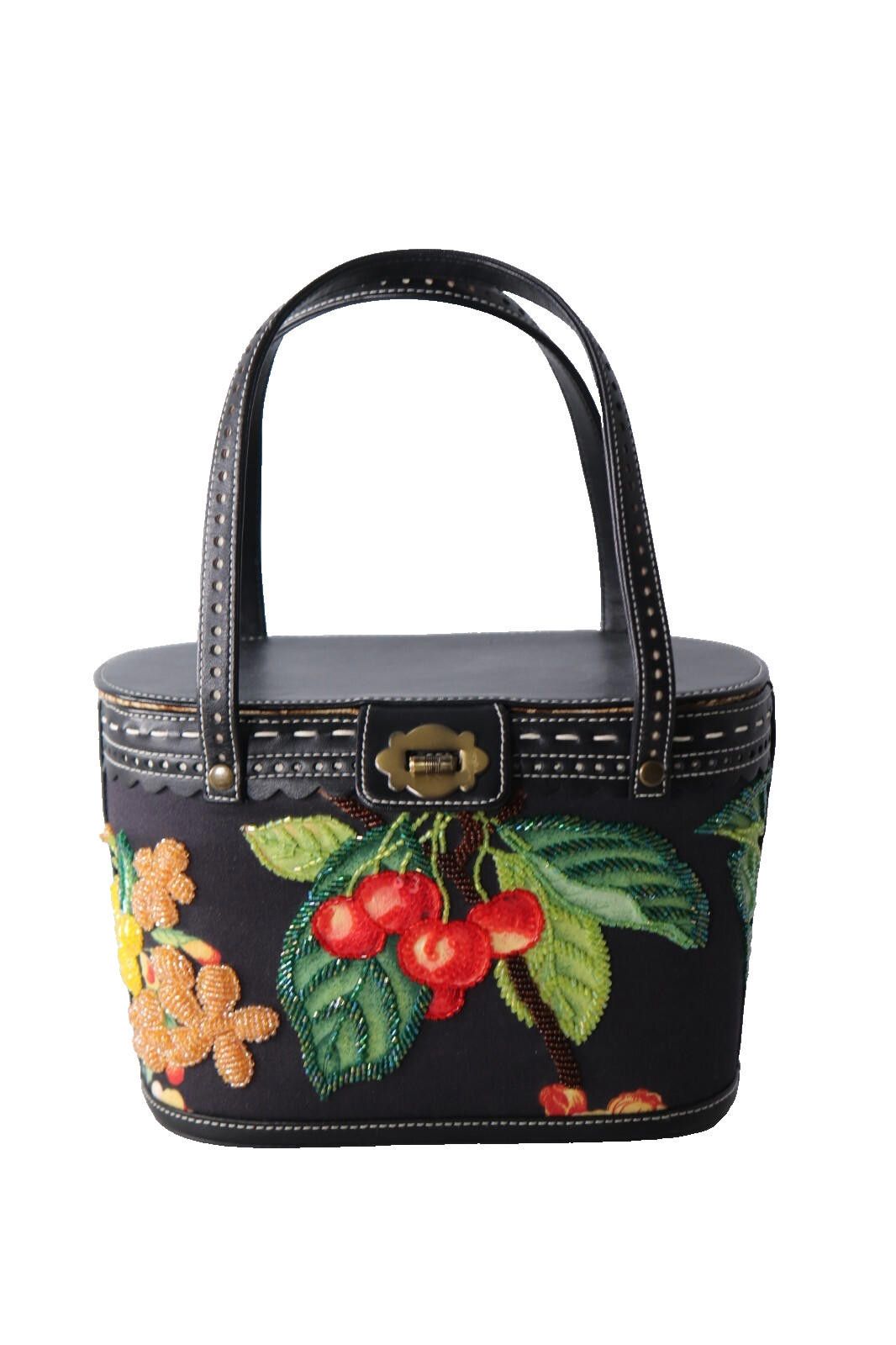 Designer Isabella Fiore Black Cherry Flower Beaded Basket Handbag Bag Size ONE SIZE - 2 Thumbnail