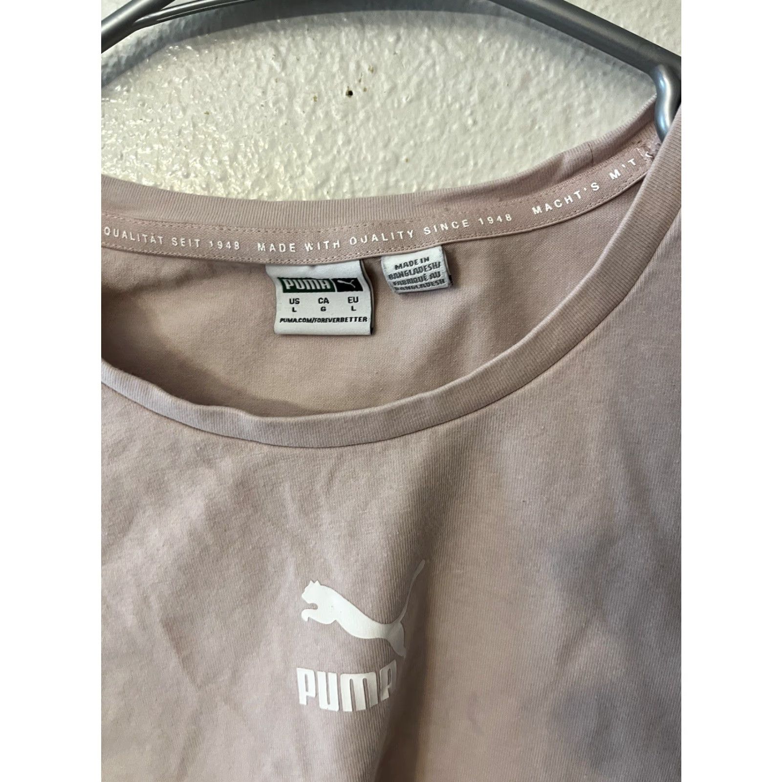 Puma PUMA Women's Short Sleeve T-Shirt Pink Logo Size Large Cropped Logo Shirt Womens Regular Size L Pink Logo Cotton T-Shirt 27" Vintage No Size L / US 10 / IT 46 - 2 Thumbnail