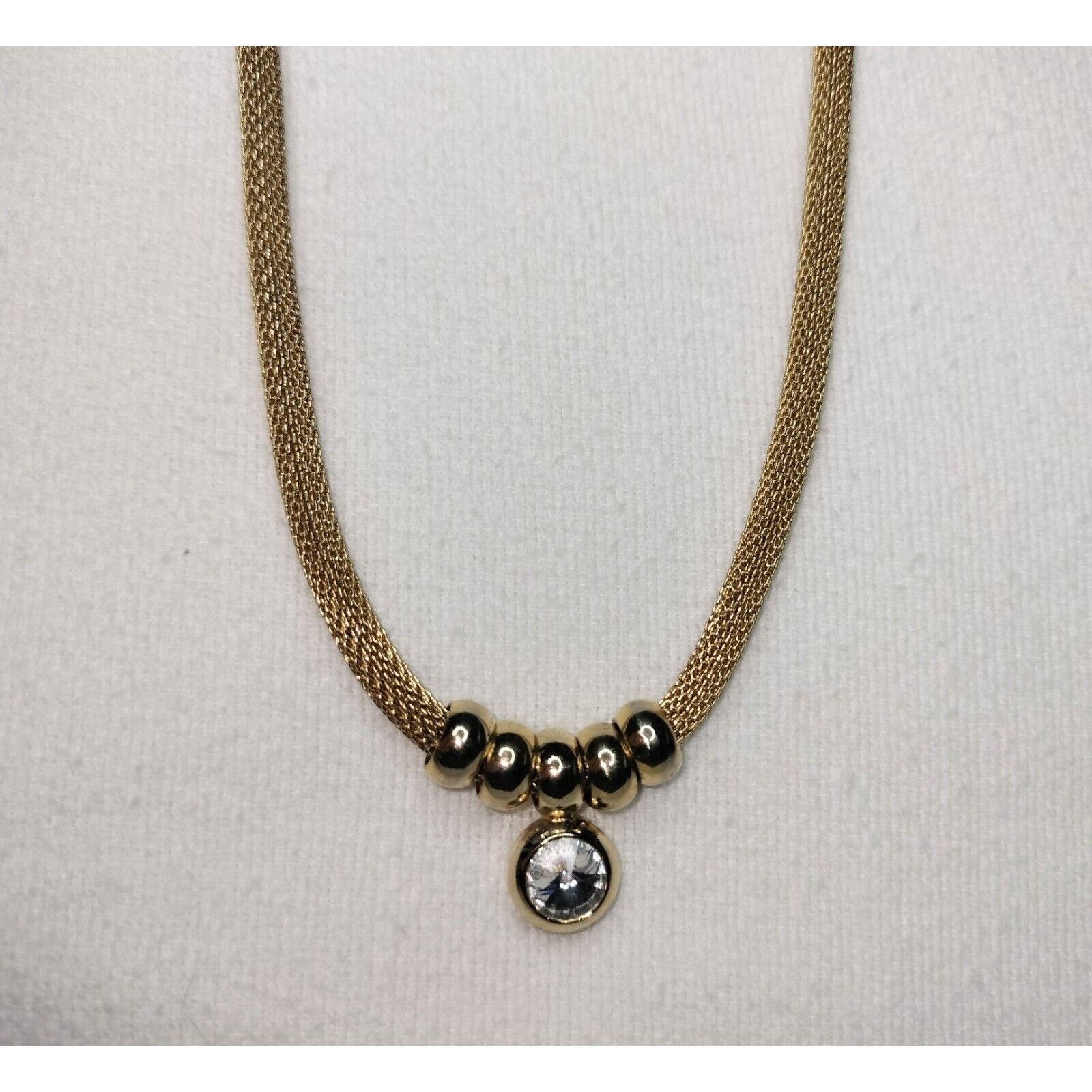 Vintage Gold Tone Metal Mesh Tube Necklace Ring Stoned Pendant Circa Size ONE SIZE - 20 Thumbnail