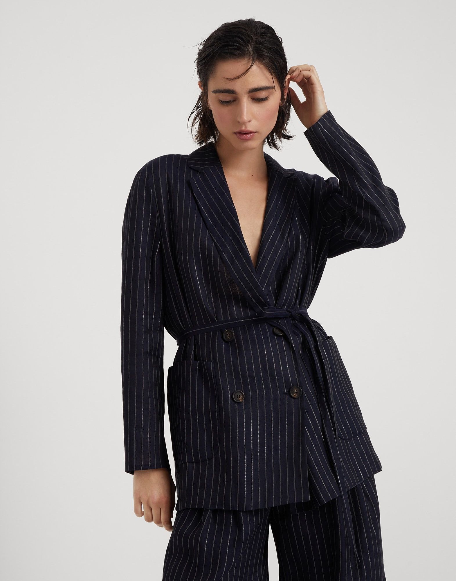 Brunello Cucinelli o1la1rc1a0425 Woven Jacket Wool in Navy Blue Size M / US 6-8 / IT 42-44 - 2 Thumbnail