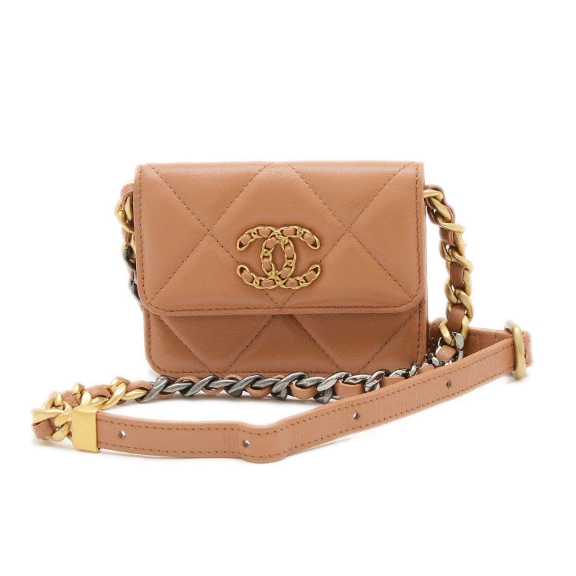 Chanel 19 Chain Shoulder Bag Lambskin Brown Gold Silver Hardware, Women's