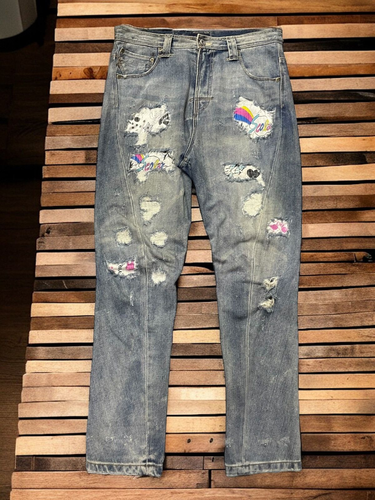 Hysteric Glamour × Japanese Brand Bit Blue X Scolar Japan Drop Crotch Craft Sashiko Boro Jeans Size US 31 - 1 Thumbnail