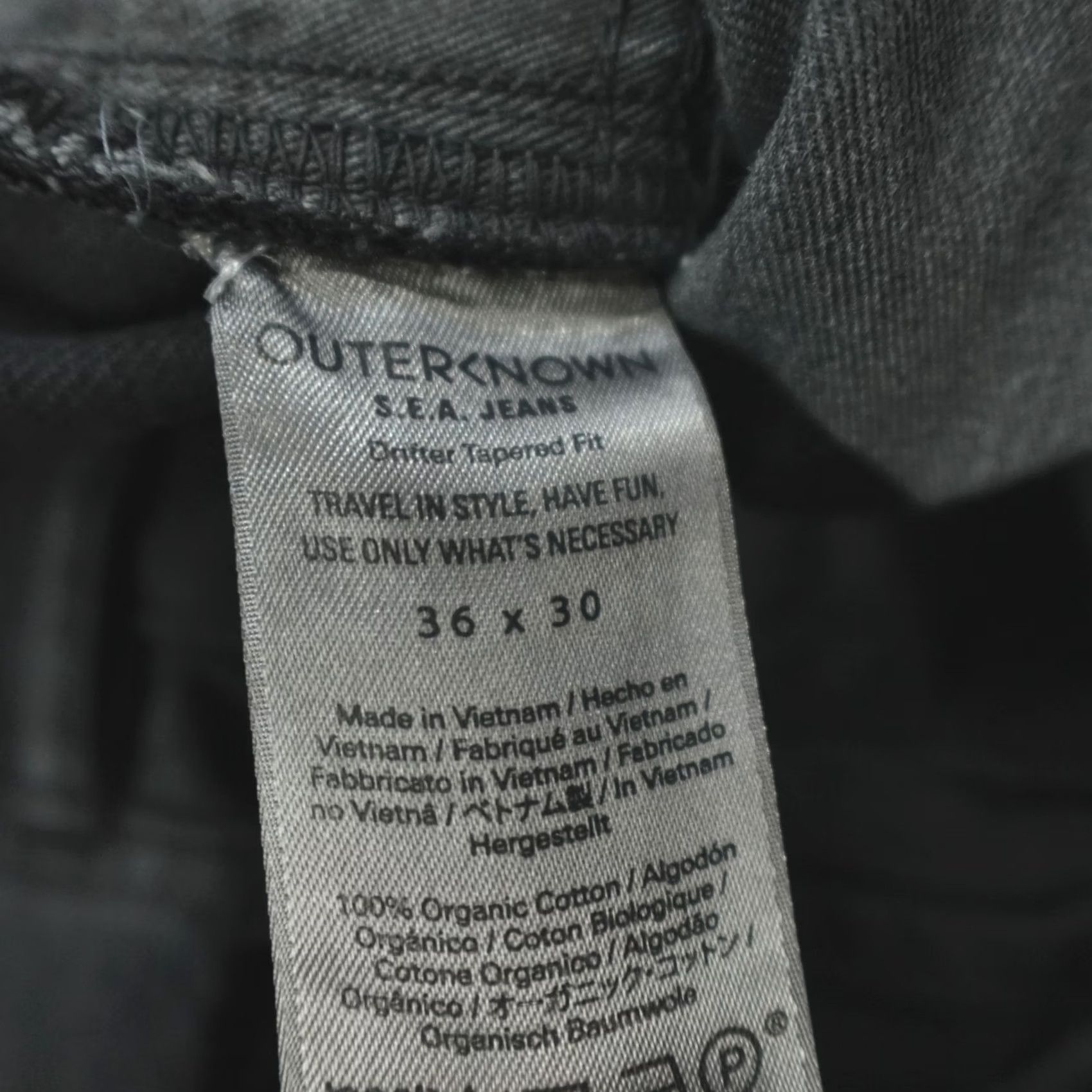 Outerknown Outerknown SEA Jeans Drifter Tapered Size 36x30 Organic Cotton Pitch Black Mens Jeans Casual Distressed Regular Fit 5-Pocket Denim Gold Button Closure Size US 36 / EU 52 - 4 Thumbnail