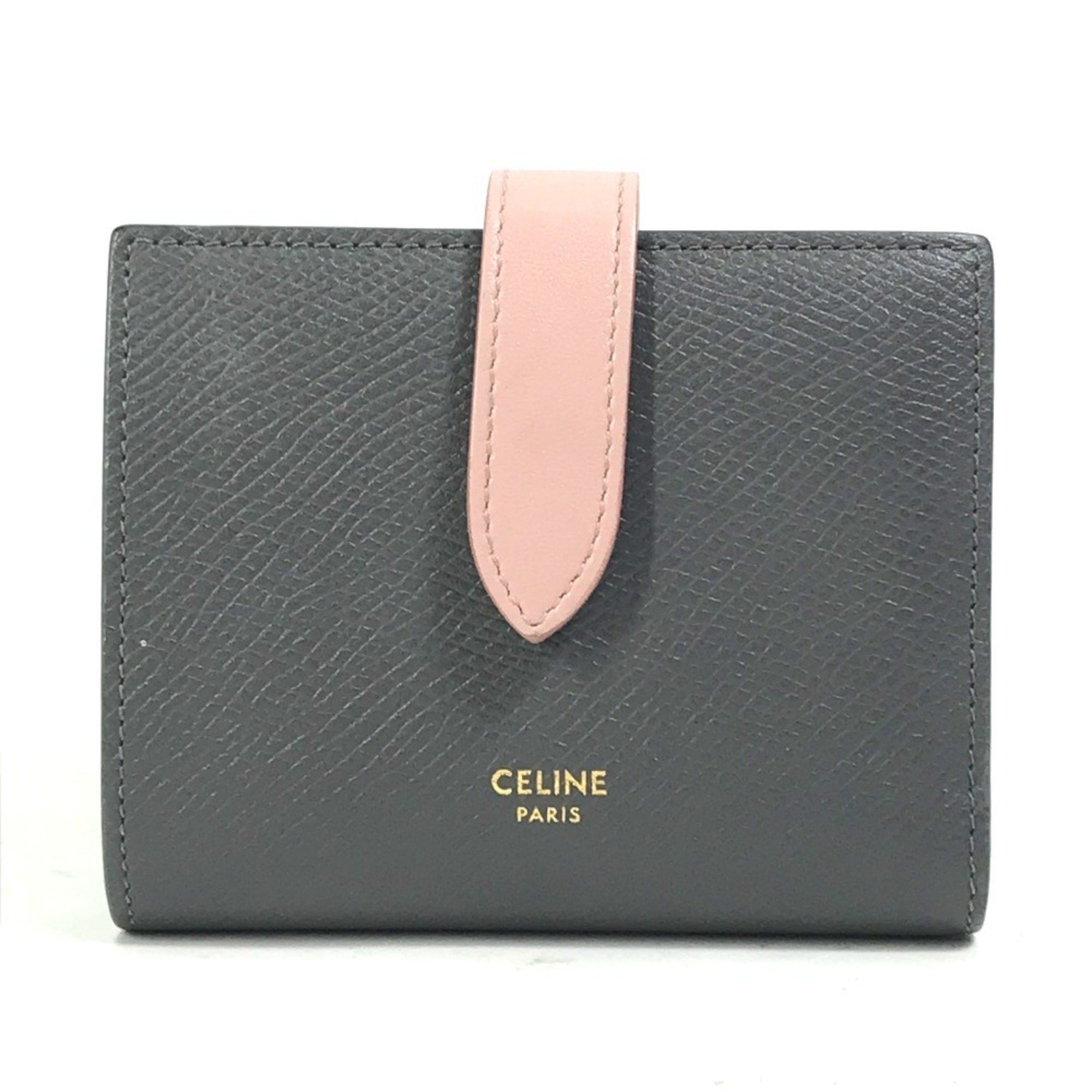 Celine CELINE 10H263BRU.10GV Two-Tone Small Strap Wallet, Compact Tri-Fold Leather Women's, Gray and Pink Size ONE SIZE - 1 Thumbnail