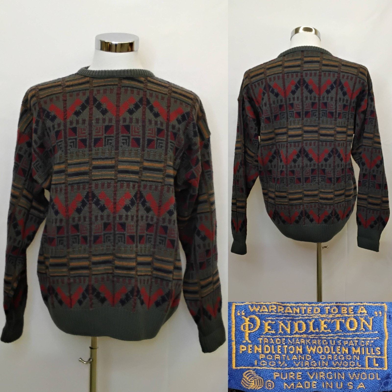 Pendleton Pendleton Wool Sweater Men's L Gray Geo Pattern 1970s USA Size US L / EU 52-54 / 3 - 1 Thumbnail