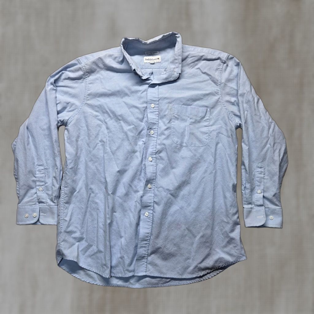 Vintage Saddlebred Shirt Long Sleeve Button-Up Adult Men 17.5 34/35 Blue Solid Cotton Polyester Button-Down Collar Mens Size US XXL / EU 58 / 5 - 1 Thumbnail