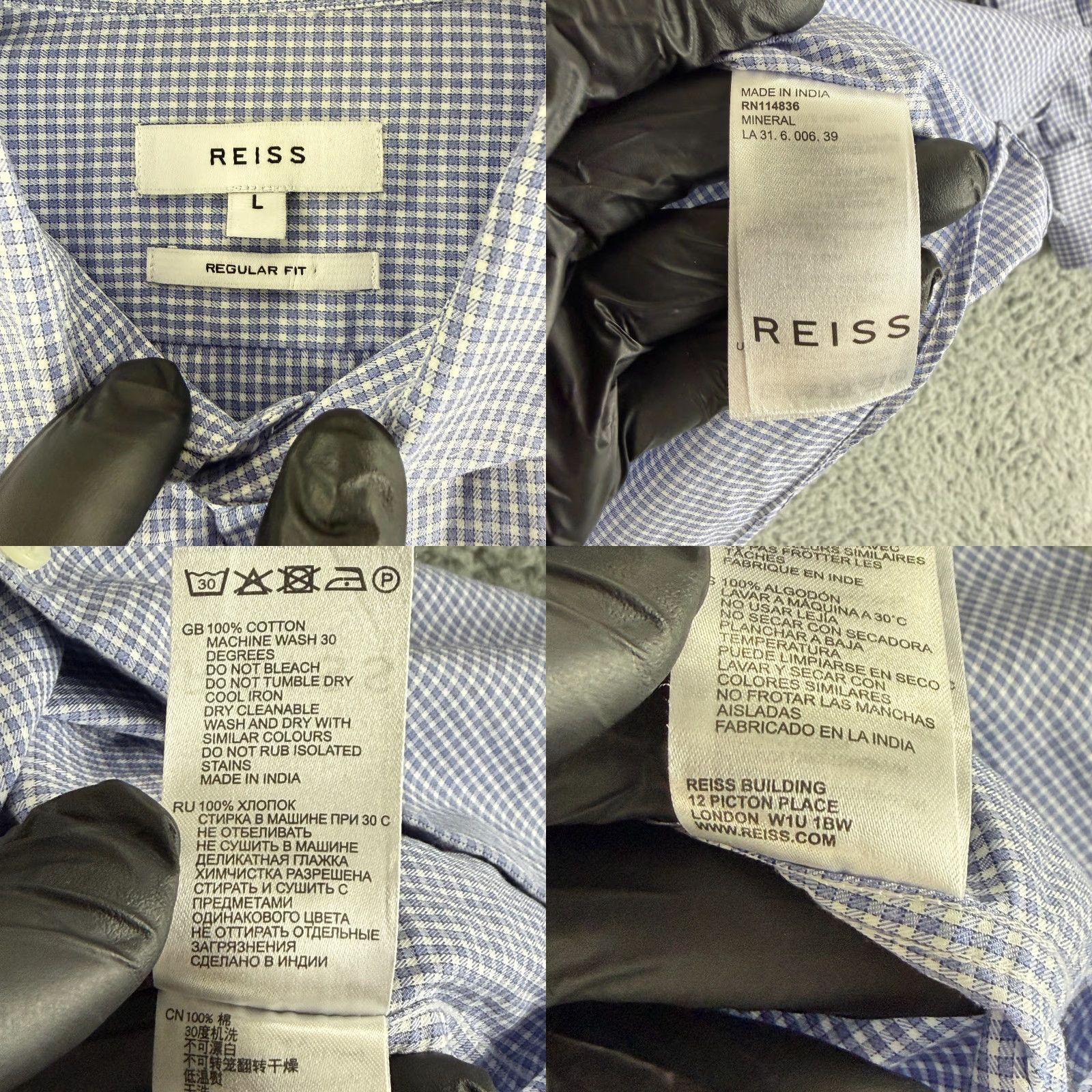 Reiss Reiss Dress Shirt Men L Blue Check Print Regular Fit Long Sleeve 100% Cotton Size 42R - 8 Thumbnail