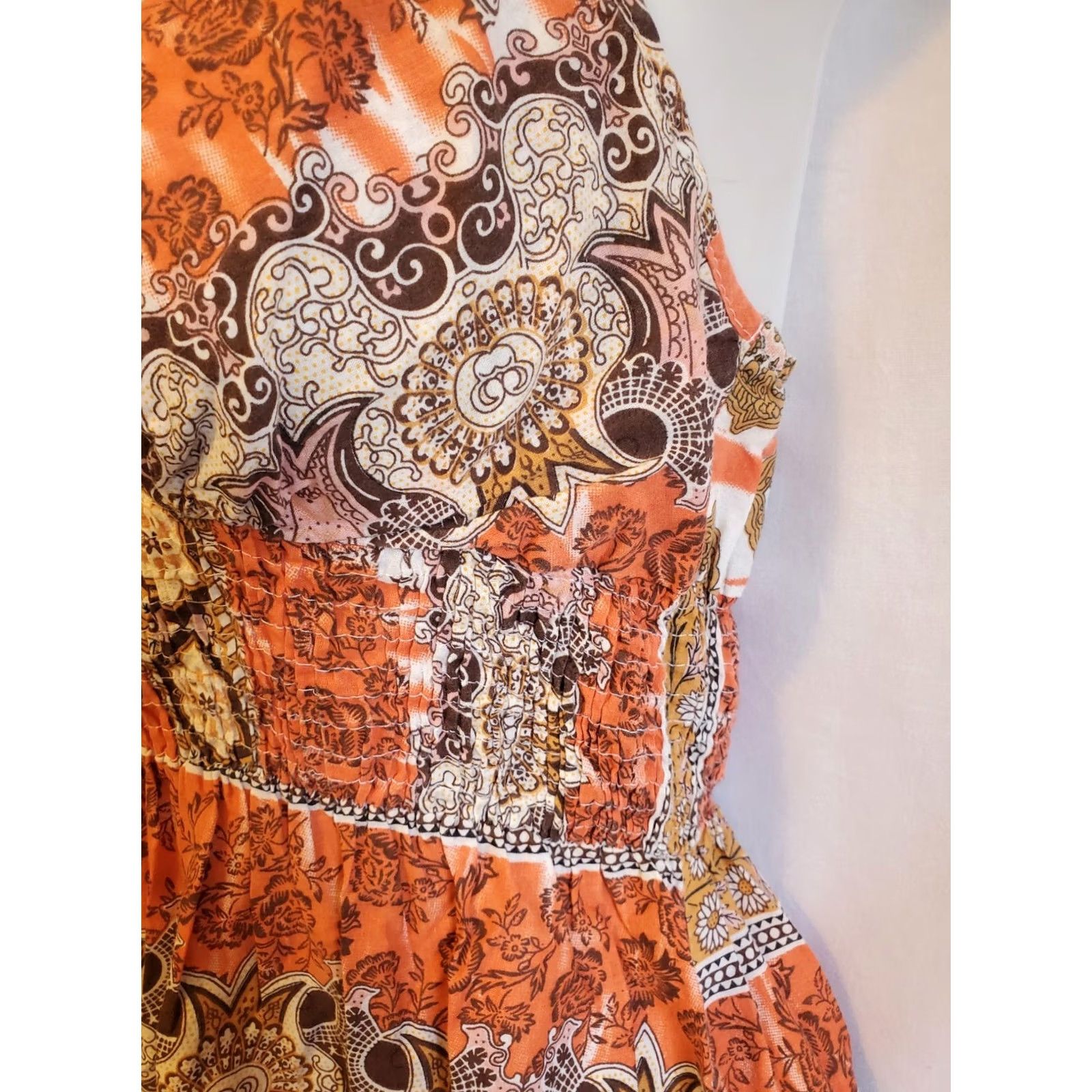 Vintage VINTAGE She's Cool Batik Print Maxi Halter Dress L Orange Brown Boho Hippie Summer Womens Size L / US 10 / IT 46 - 6 Thumbnail