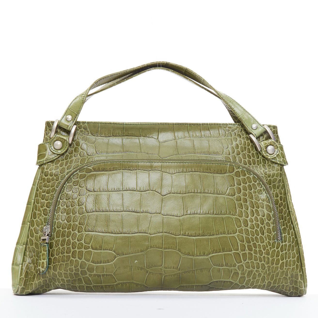 Marni Olive Green Croc Embossed Leather Front Zip Pocket Satchel Bag, Women's