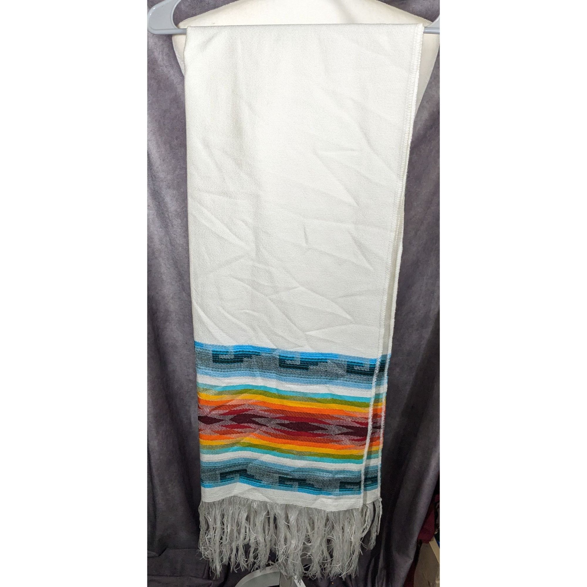 Other Handwoven Southwestern White And Rainbow Scarf With Fringe Size ONE SIZE - 8 Thumbnail
