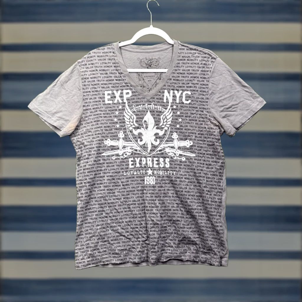 Express Express Shirt Mens Medium V-Neck Graphic Script Loyalty Y2K Grunge Logo Grey Size US M / EU 48-50 / 2 - 1 Thumbnail