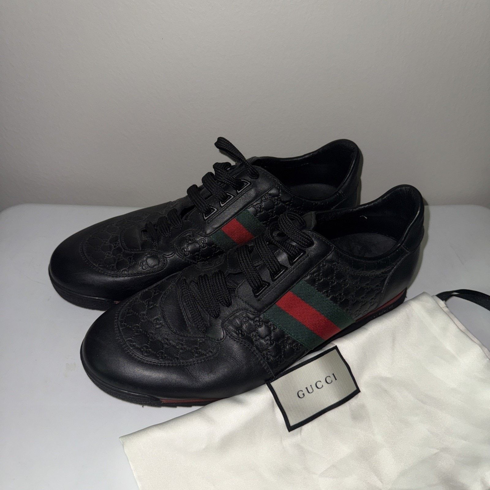 Gucci Authentic Gucci Men's Black Leather Web Sneakers Size 9.5 US Size US 9.5 / EU 42-43 - 1 Thumbnail