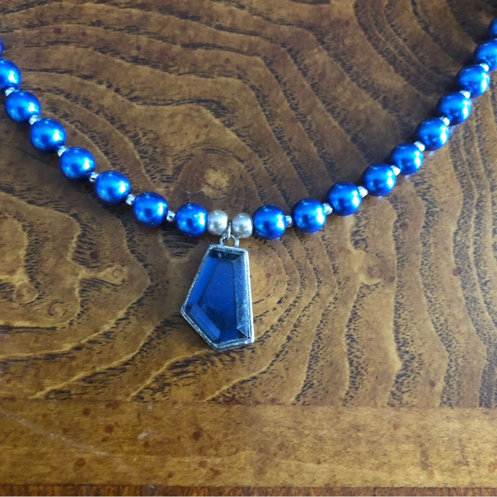 Handmade Handcrafted repurpose blue geometric glass Pearl necklace Size ONE SIZE - 9 Thumbnail
