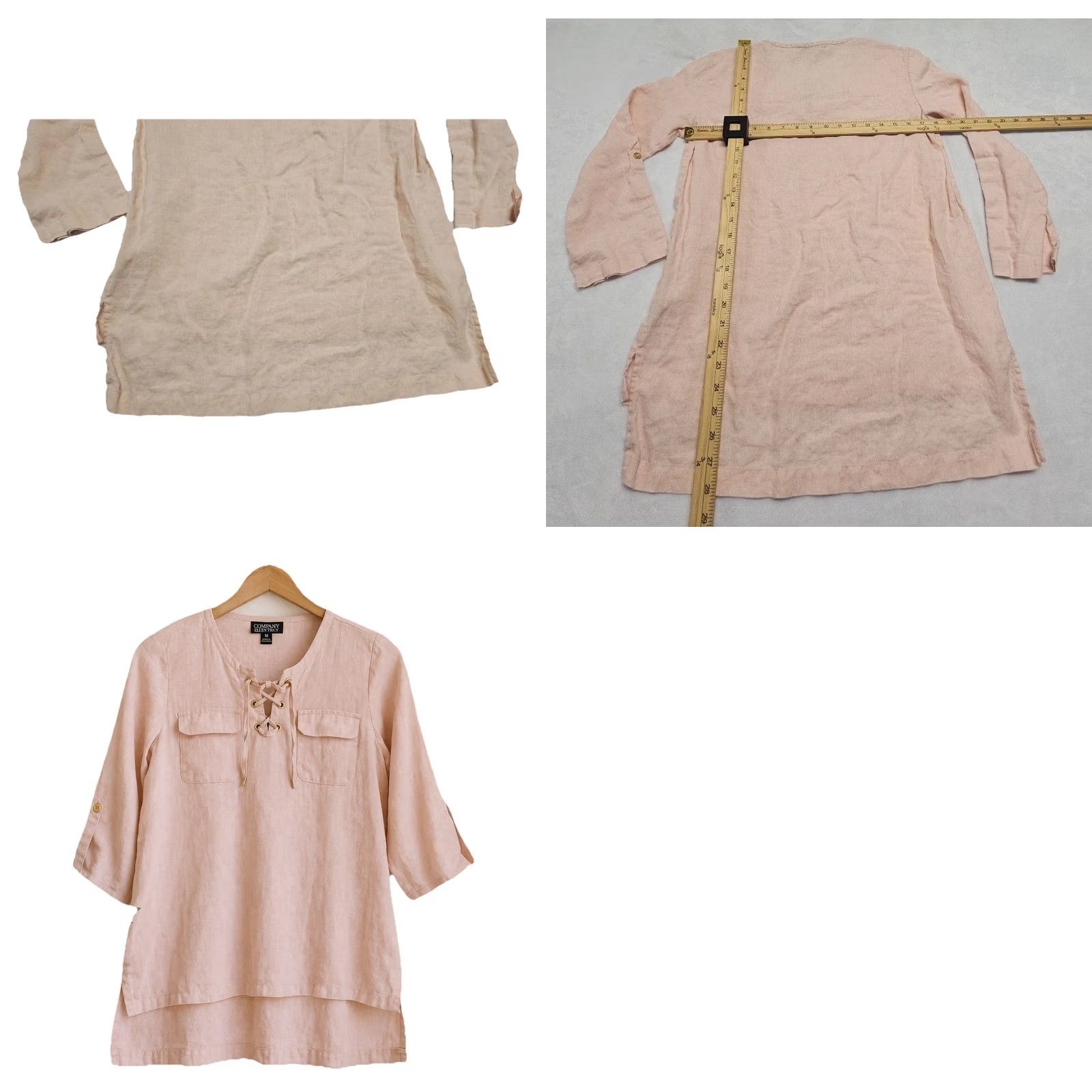Ellen Tracy Ellen Tracy Blouse Tunic M Linen Blush Pink Lace Up V-Neck Casual Sleeve Boho Coastal Minimal Women's Size M / US 6-8 / IT 42-44 - 8 Thumbnail