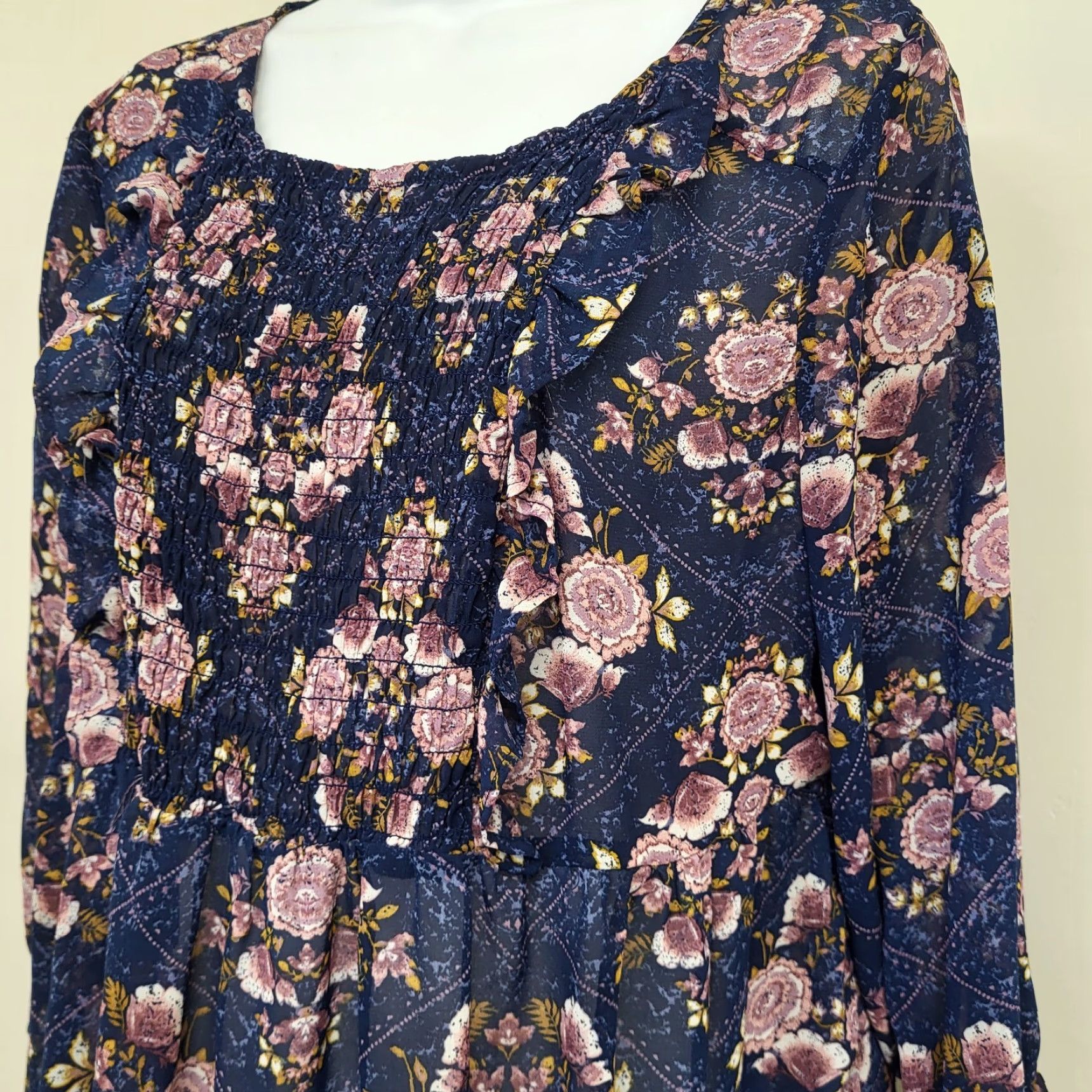 Vintage Knox Rose Blouse Womens Size L Navy Blue & Pink Floral Boho Top Embroidered Trim Size L / US 10 / IT 46 - 2 Thumbnail