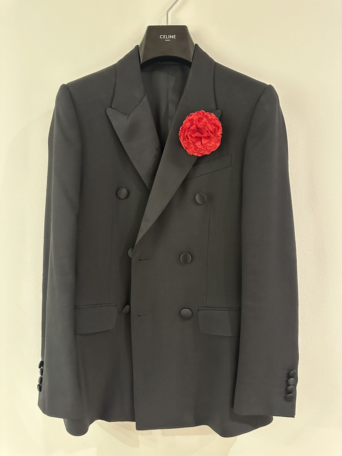 Celine × Hedi Slimane SS20 Tuxedo Jacket Double Breasted Black Wool Gabardine Size 44R - 4 Thumbnail