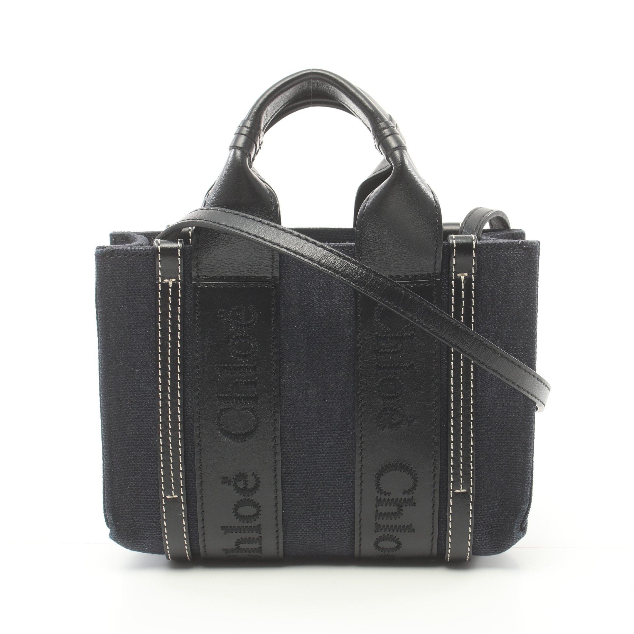 image of Chloe Woody Woody Mini Handbag Canvas Leather Navy Black 2Way, Women's