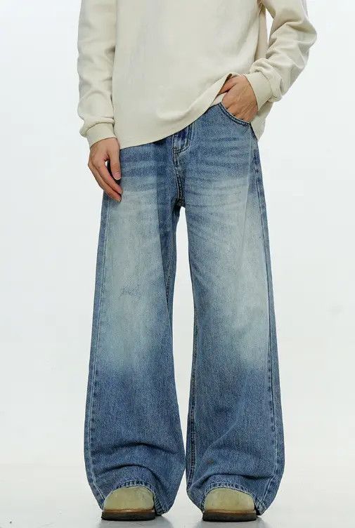 VIBE Washed blue simple men's loose straight high street jeans Size US 32 / EU 48 - 6 Thumbnail