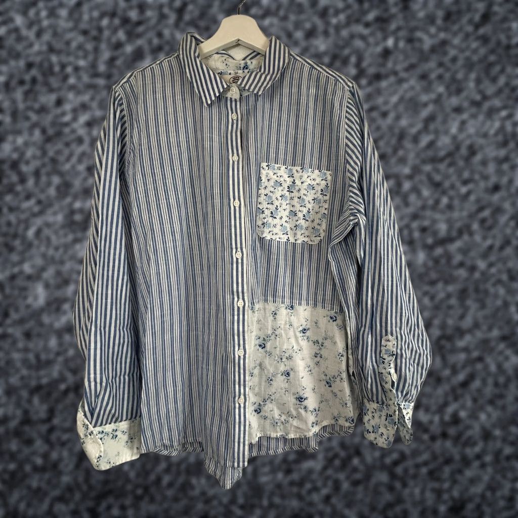 Laura Ashley Laura Ashley X Lucky Brand Striped Floral Patchwork Button-Up Shirt Large Blue Shirt Womens L Blue Striped Floral Patchwork Button-Down Normals 10+ Size L / US 10 / IT 46 - 1 Thumbnail
