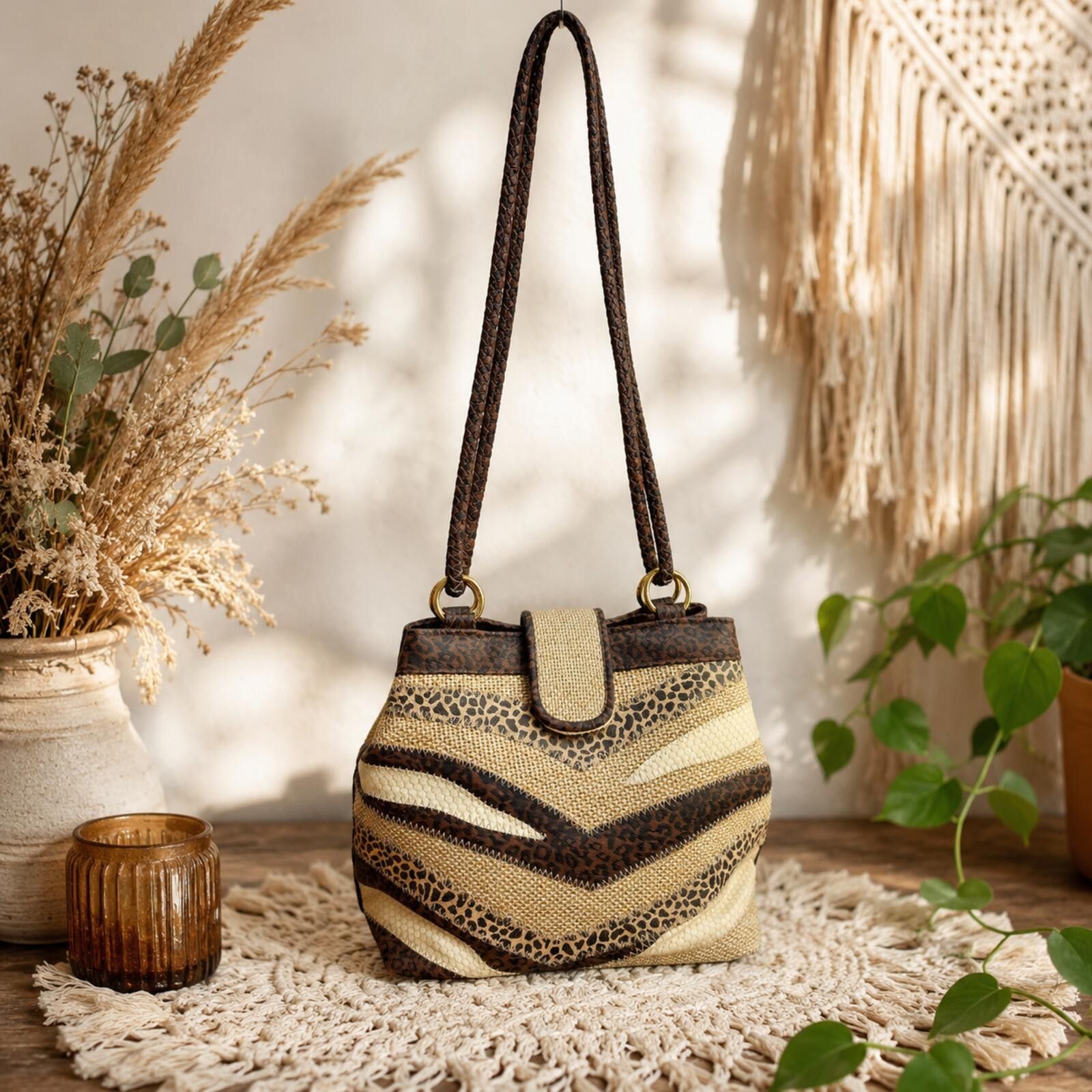 The Unbranded Brand Woven Y2K Forest Fairy Patchwork Bag Leopard Print Accents Size ONE SIZE - 1 Thumbnail