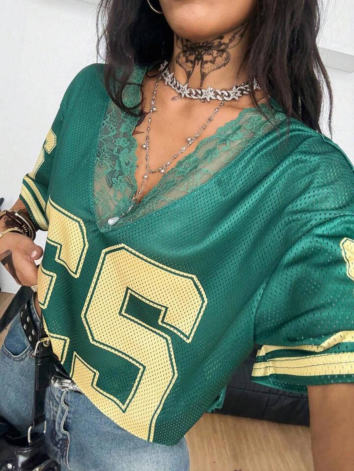 Other Green and Yellow Lace Trim Mesh Crop Top Jersey Size ONE SIZE - 3 Thumbnail