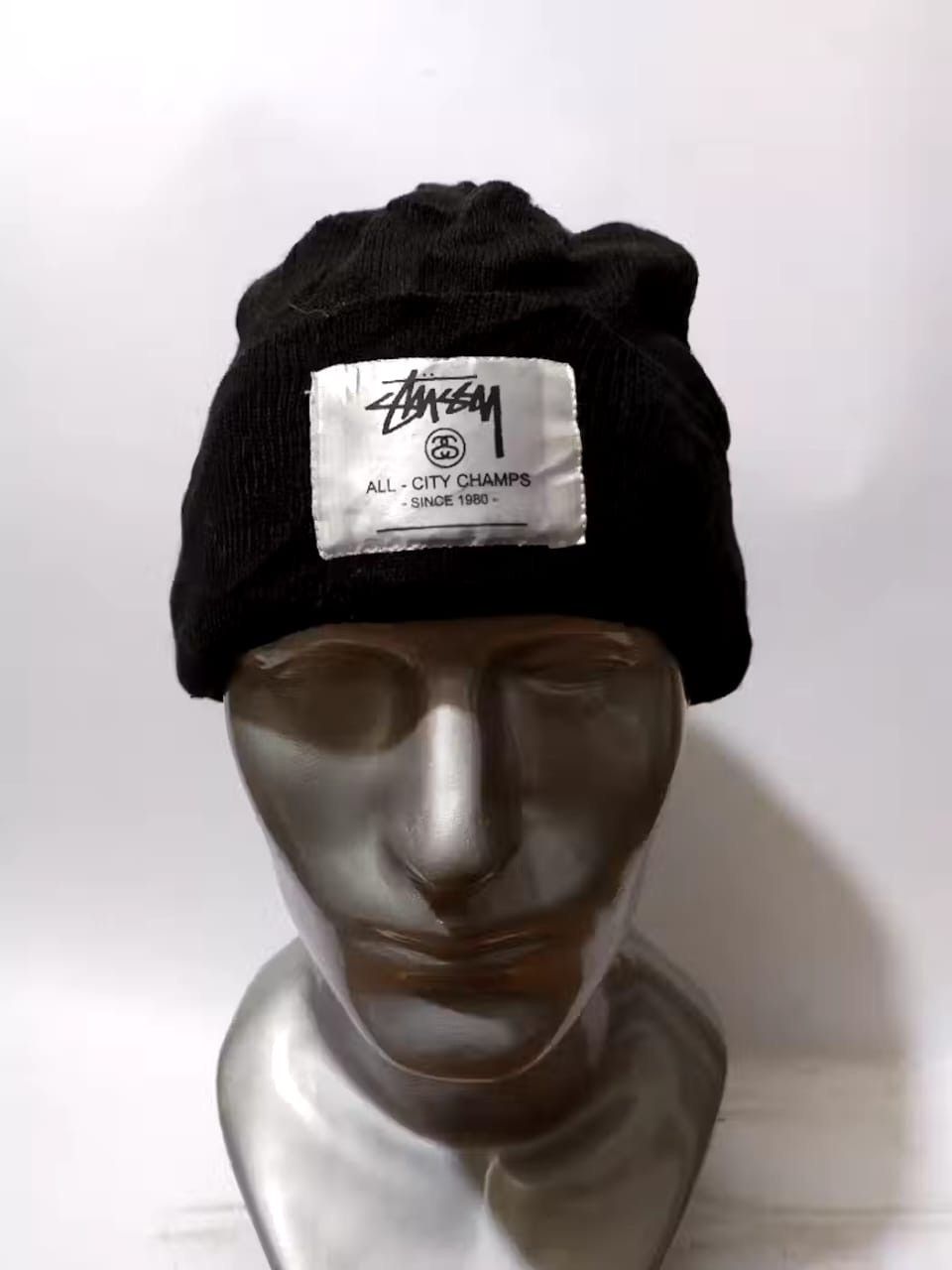 image of Stussy Beanie Big Logo Nice Design Patch Hat in Black, Men's