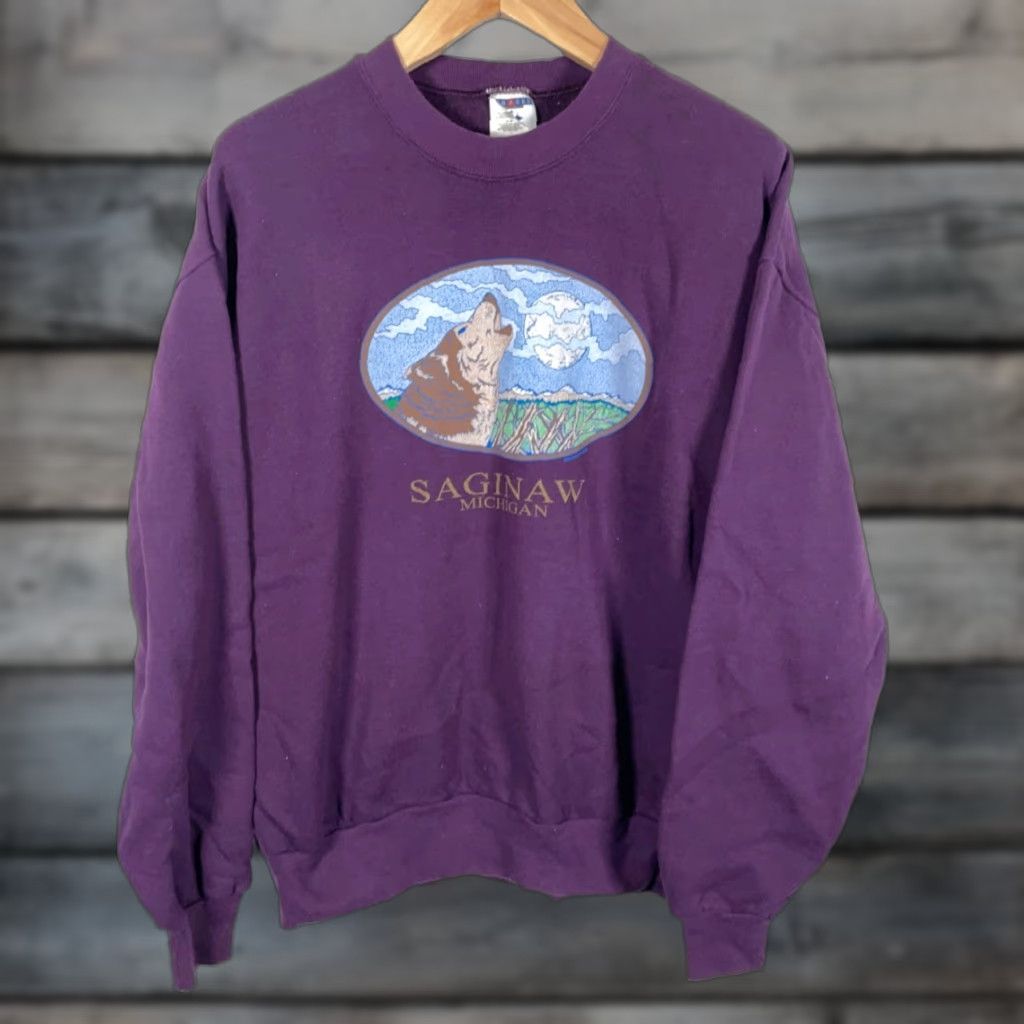 Jerzees JERZEES Sweatshirt Adult XL Purple Graphic Print Saginaw Michigan VTG Crewneck 90s Wolf Moon Size US XL / EU 56 / 4 - 1 Thumbnail