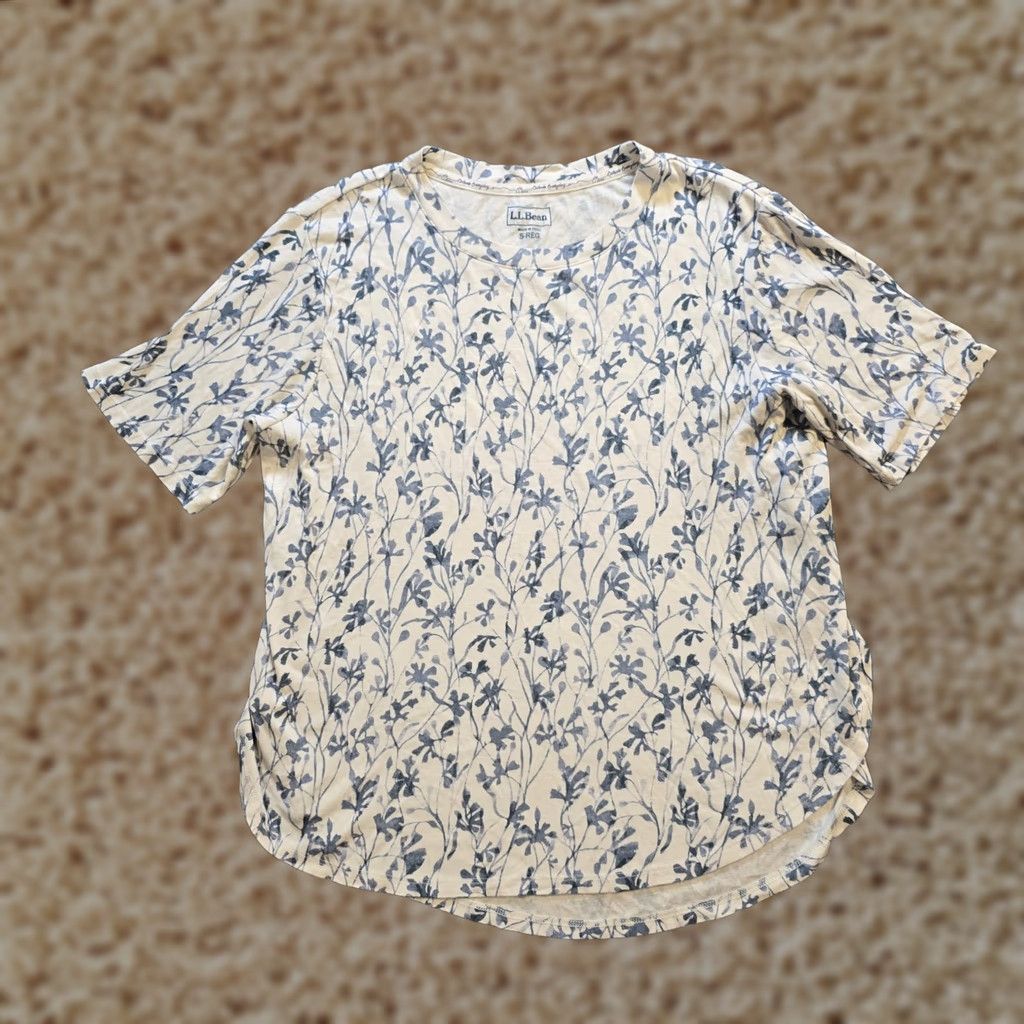 Vintage LL Bean Sleep Top Womens Size S White Blue Floral Lounge Knit Top Short Sleeve Round Neck Size S / US 4 / IT 40 - 1 Thumbnail
