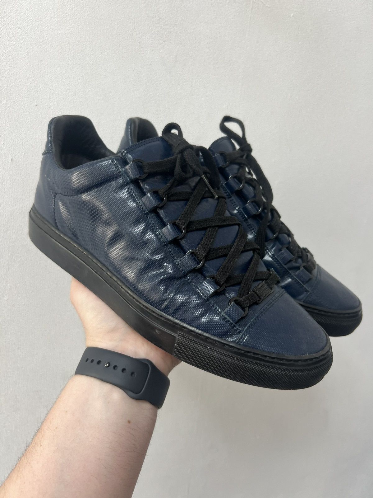 Balenciaga Balenciaga Arena Low Navy Blue Cracked Leather Sneakers Size US 8 / EU 41 - 3 Thumbnail