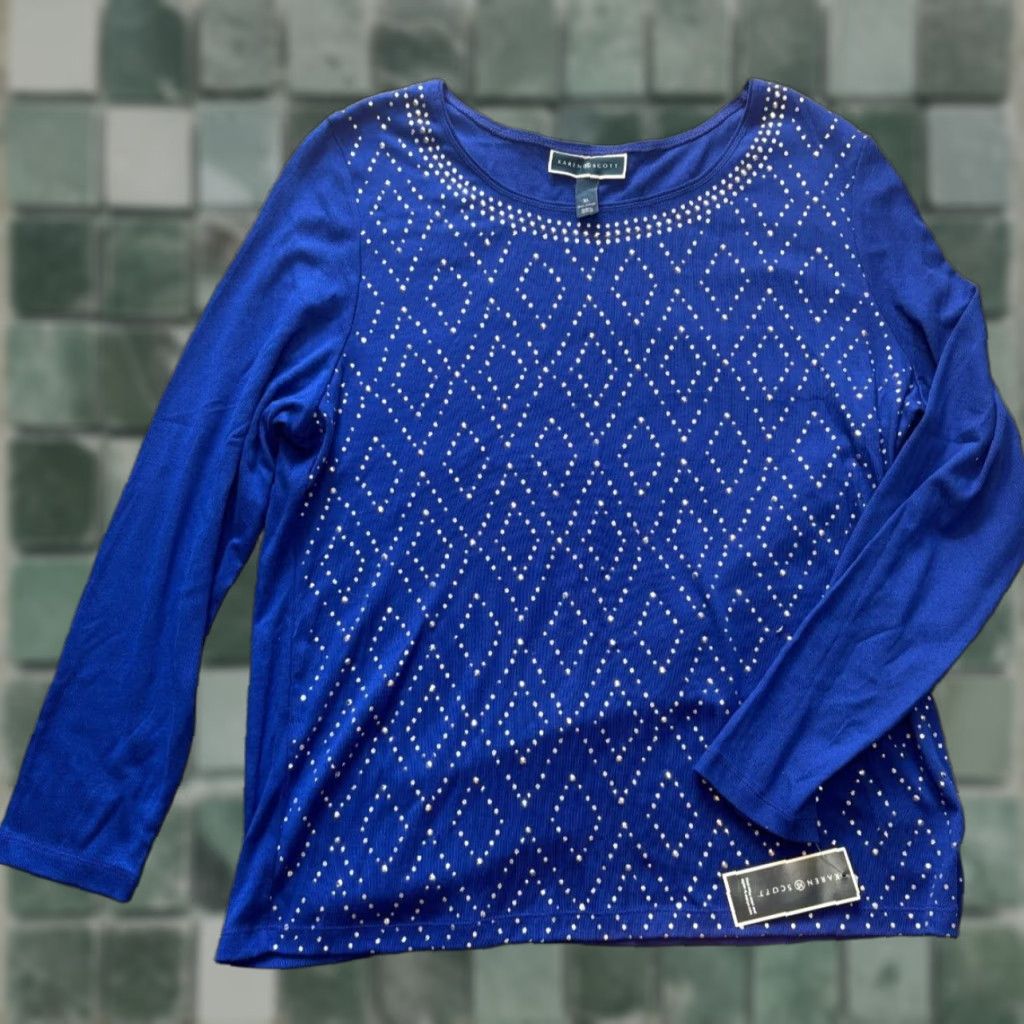 Vintage Karen Scott Shirt Womens XL Blue Long Sleeve Beaded Diamond Pattern NEW Cotton Size XL / US 12-14 / IT 48-50 - 1 Thumbnail