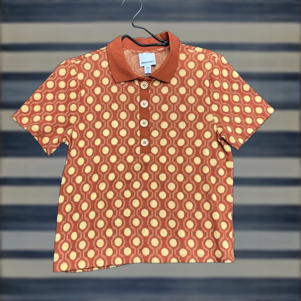 VINTAGE Brand: Industry Collared Shirt Womens Medium Orange 80s 70s Boho Embellished Knit Casual Mens/Womens?