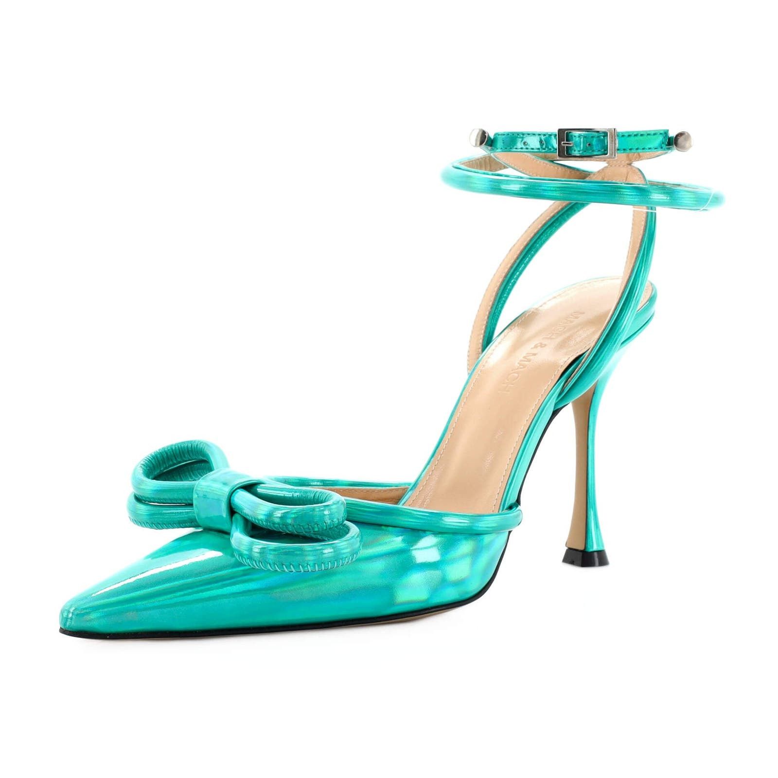 image of Mach&mach Women's Double Bow Ankle Strap Pumps Iridescent Leather None Shoes in Green (Size 9)